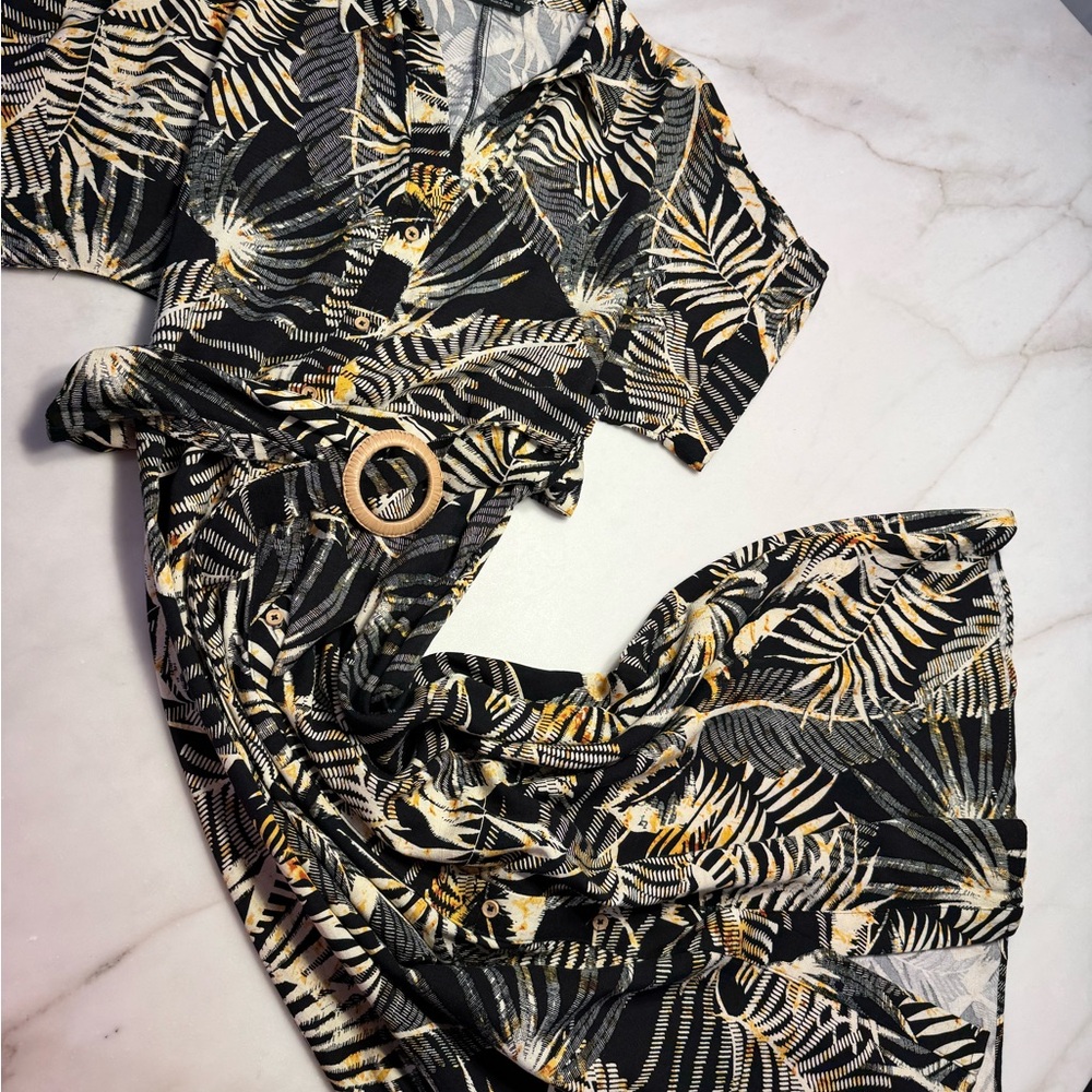 Zara Black, Cream & Gold Leaf-Print Wrap Dress